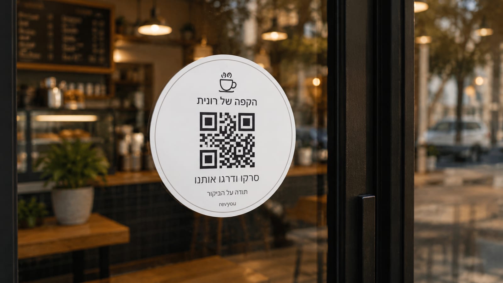 מדבקת RevYou עם קוד QR על דלת זכוכית
